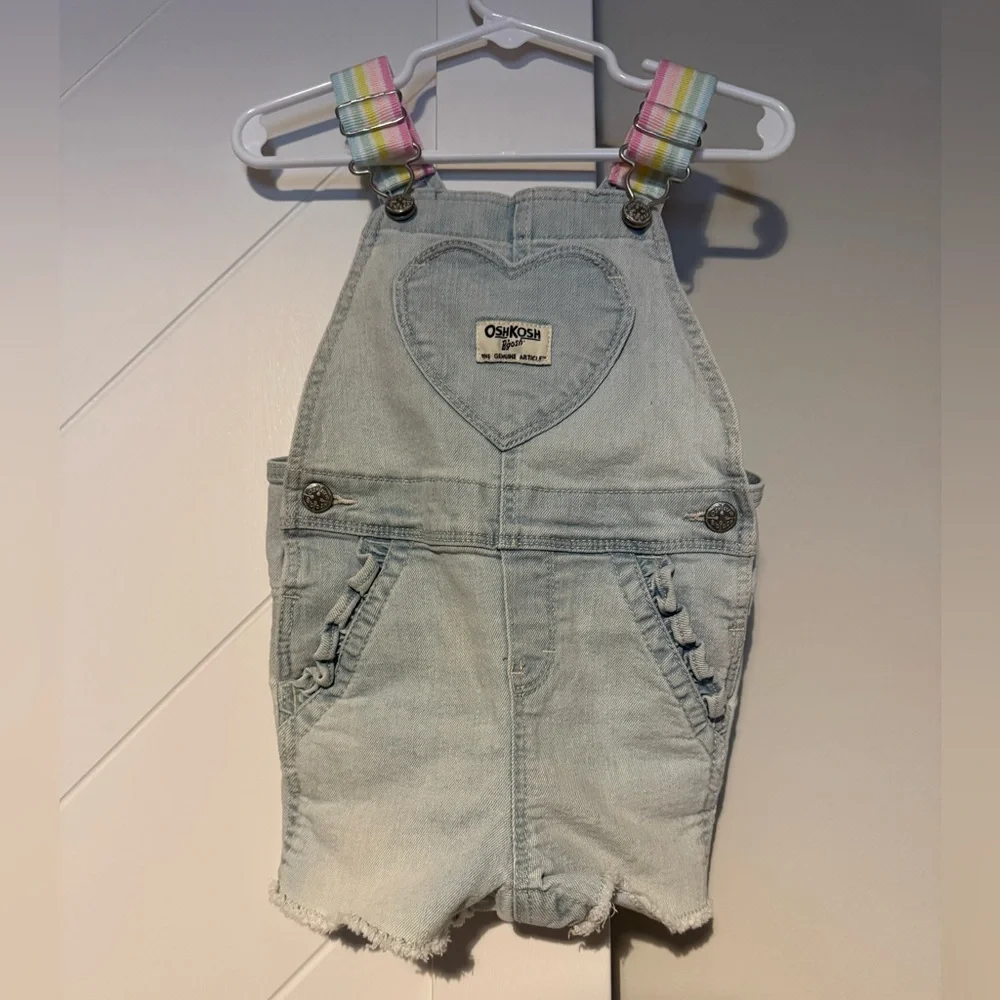 OshKosh B’gosh Denim Shortalls Heart Pocket Pastel Rainbow Straps 18M